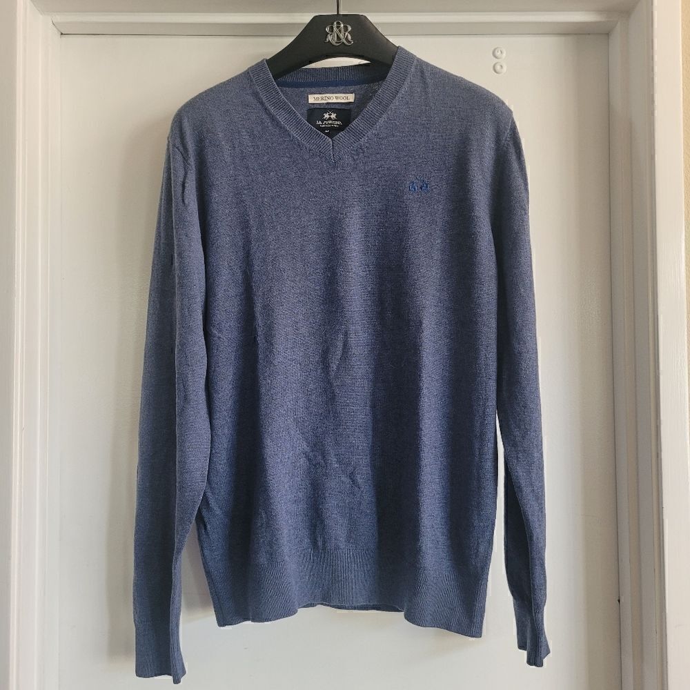La Martina Buenos Aires merino wool blue heathered v neck